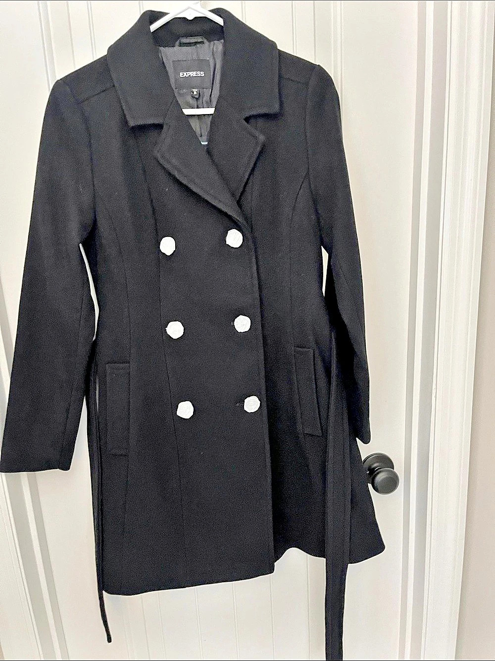Express Double Breasted Belted Wool Blend Trench Coat Black XS